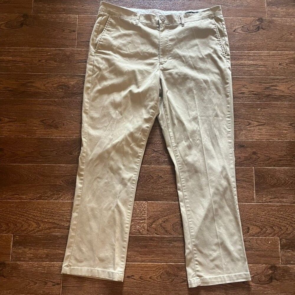 Mens Khaki Chino Pants 36x30 Stretch Flat Front Straight Fit Casual Office